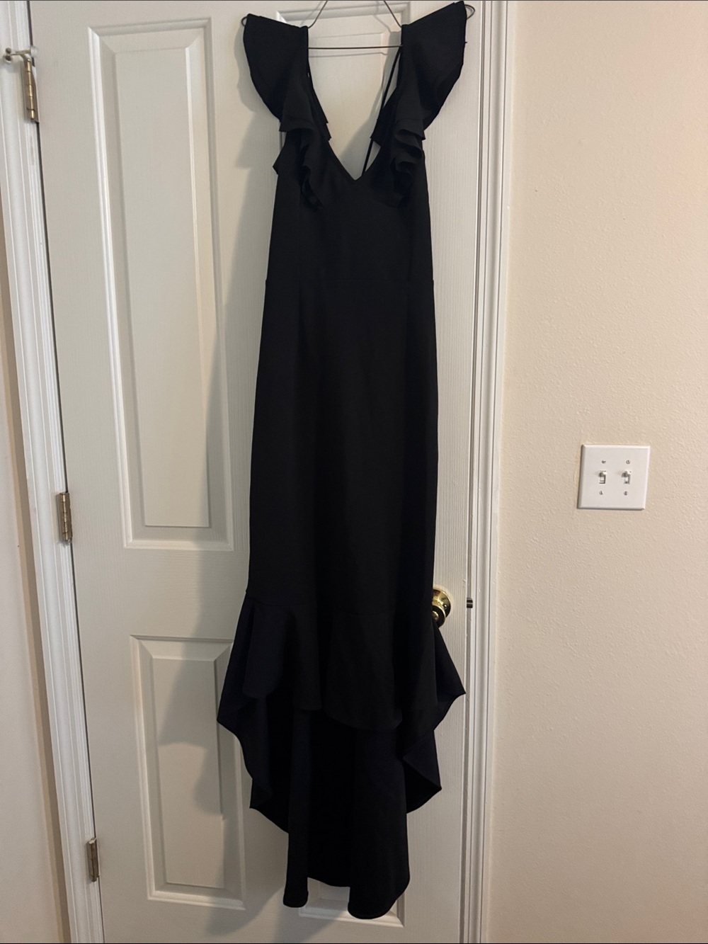 Black Ruffle V-Neck Women’s Dress-high low-formal